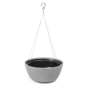 Szara doniczka wisząca t.b.t. z hakiem i zawieszeniem.