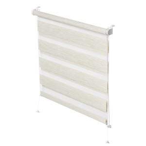 Beżowa roleta t.b.t. z poziomymi paskami do okien.