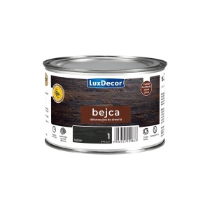 Ciemna bejca do drewna LuxDecor w metalowym wiadrze. Idealna do barwienia i ochrony drewna.