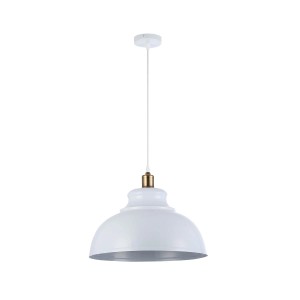 Biała lampa wisząca t.b.t. z kloszem i złotymi akcentami.