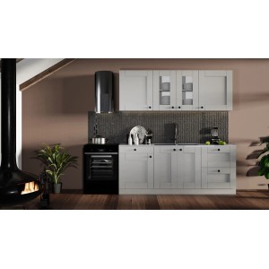 Jasny zestaw mebli kuchennych z szafkami wiszącymi, piekarnikiem i okapem. Nowoczesny design do Twojej kuchni.