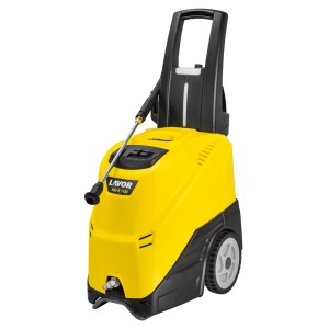 Żółta myjka ciśnieniowa z kołami i lancą.