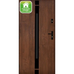 Brązowe drzwi zewnętrzne z czarnymi akcentami i okuciami.