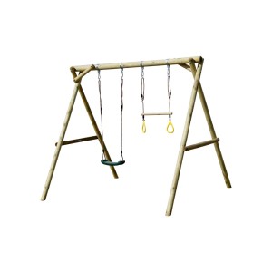 Drewniana huśtawka z dwoma siedziskami i kółkami gimnastycznymi dla dzieci w ogrodzie.