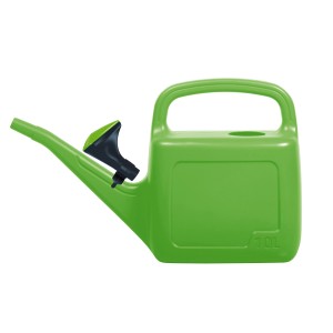 Zielona konewka z sitkiem, 10L. Idealna do ogrodu i pielęgnacji roślin.