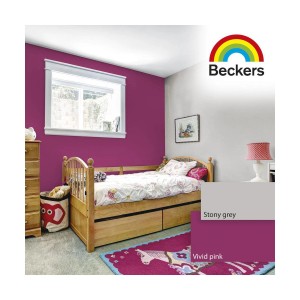 Pokój dziecięcy z farbami ściennymi w kolorze różowym i szarym firmy Beckers. Kolorowe farby ścienne dla pięknego domu.
