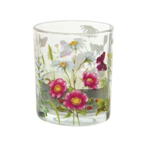 t.b.t. szklany świecznik z motywem kwiatowym.