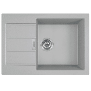 Szary zlewozmywak granitowy t.b.t. z ociekaczem i komorą.