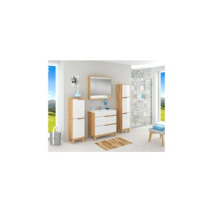 t.b.t. Zestaw mebli łazienkowych z umywalką, szafką z lustrem i szafką wysoką w kolorze drewna/białym.