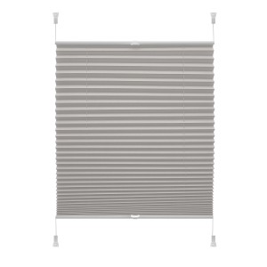 Szara roleta okienna t.b.t., składana ze sznurkami.