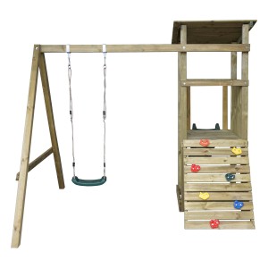 Drewniana huśtawka ze ścianką wspinaczkową i wieżą dla dzieci.