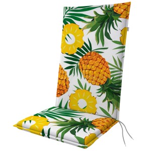 Poduszka na krzesło ogrodowe z wzorem ananasa i palmy.