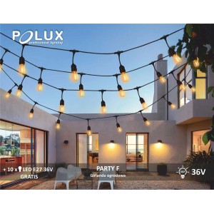 Dekoracyjny łańcuch świetlny na zewnątrz z żarówkami w kolorze ciepłej bieli.