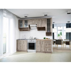 Jasna kuchnia w stylu rustykalnym z szafkami górnymi i dolnymi, zlewem i kuchenką.