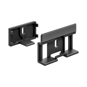 Czarne akcesoria t.b.t. do montażu podłóg, składające się z dwóch części.