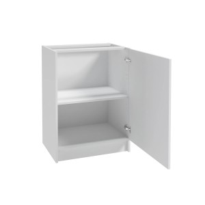 Biała szafka kuchenna z zestawu mebli kuchennych t.b.t. z otwartymi drzwiami i dwiema półkami.