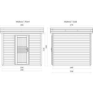 Rysunek techniczny domku drewnianego t.b.t. z wymiarami widoku z przodu i z boku.