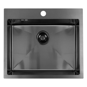 Zlewozmywak t.b.t. ze stali nierdzewnej, kwadratowy, z armaturą odpływową.