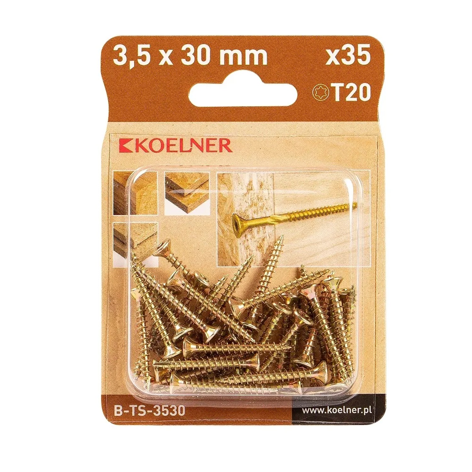 Wkręty do drewna Koelner, 3,5 x 30 mm, kolor złoty, zestaw 35 sztuk.