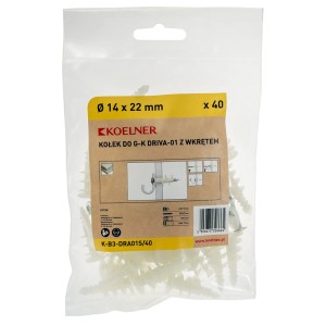 Kołki KOELNER G-K DRIVA-01 ze śrubą, 40 sztuk, do płyt gipsowych.