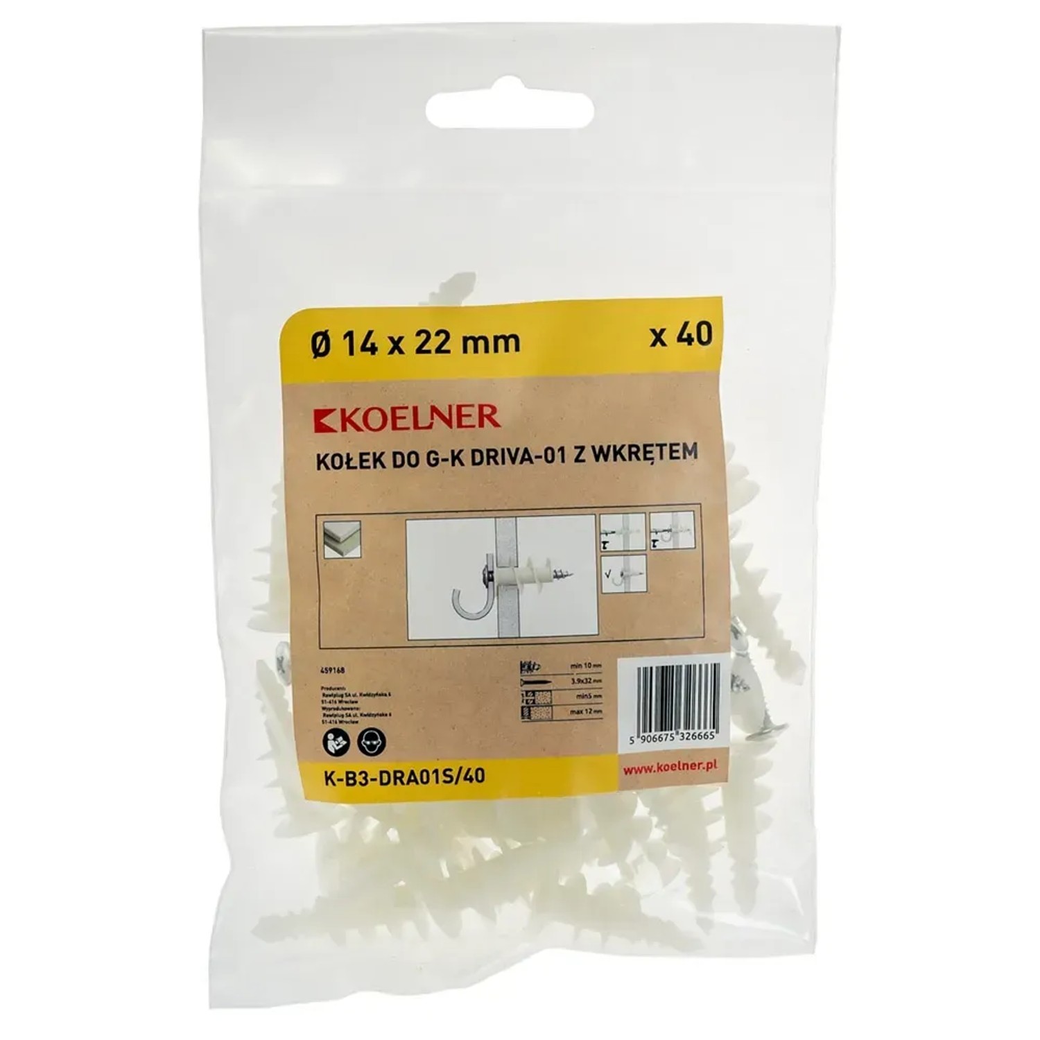 Koelner Kołek driva nylon 3,9x32mm wkręt PH 40szt.