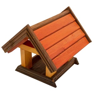 Drewniany karmnik dla ptaków z czerwonym dachem do ogrodu.