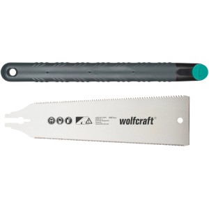 Piła japońska Wolfcraft, 240 mm, z szarym uchwytem i elastycznym brzeszczotem do cięć precyzyjnych i zgrubnych.
