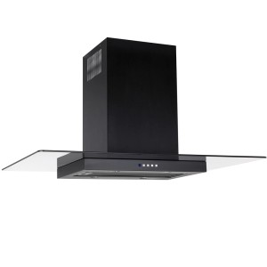 Czarny okap wyspowy z szklaną półką do kuchni.