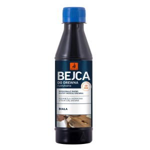 Butelka białej bejcy do drewna na rustykalne powierzchnie. Idealna do barwienia i podkreślania struktury drewna.