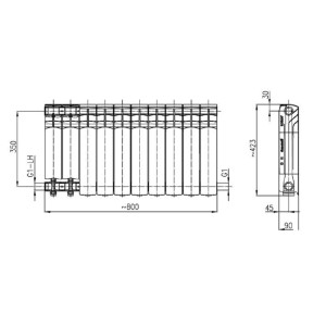 Rysunek techniczny grzejnika t.b.t. z wymiarami.