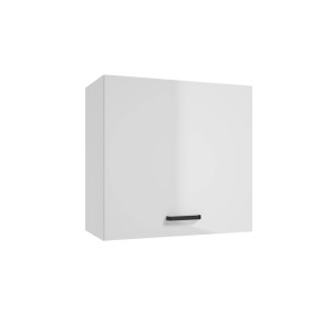 Biała szafka wisząca z zestawu mebli kuchennych z czarnym uchwytem.