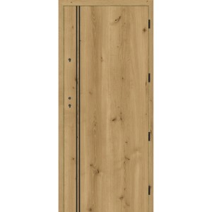 Drzwi wewnętrzne t.b.t. w kolorze drewna z czarnymi akcentami.