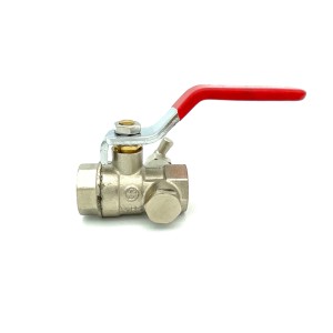 Mosiężny zawór kulowy z czerwoną rączką, do instalacji hydraulicznych.