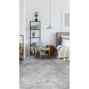 Szara wykładzina PCV t.b.t. w nowoczesnej sypialni.