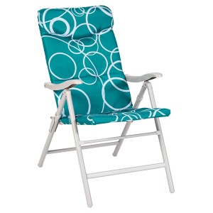 Krzesło ogrodowe t.b.t. z zielono-białym wzorem i zagłówkiem.