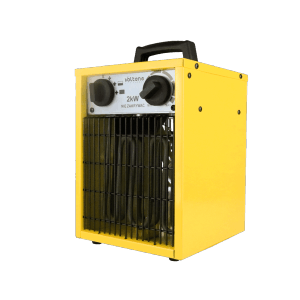 Żółty, przenośny grzejnik elektryczny t.b.t. o mocy 2kW do użytku wewnętrznego.