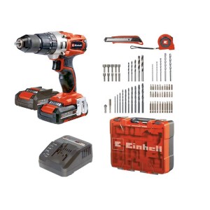 Zestaw wiertarko-wkrętarki udarowej akumulatorowej Einhell TE-CD 18 z akumulatorami, ładowarką, walizką i akcesoriami.