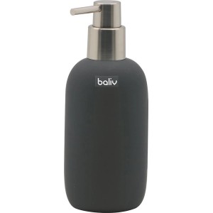 Szary dozownik mydła t.b.t. do łazienki.