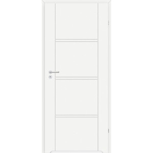 Białe drzwi wewnętrzne t.b.t. z trzema poziomymi listwami ozdobnymi i srebrną klamką.