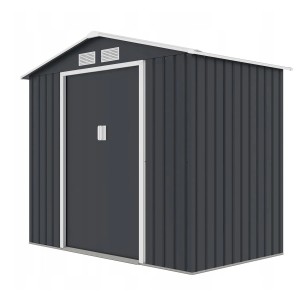 Szara metalowa szopa narzędziowa z drzwiami i kratkami wentylacyjnymi.