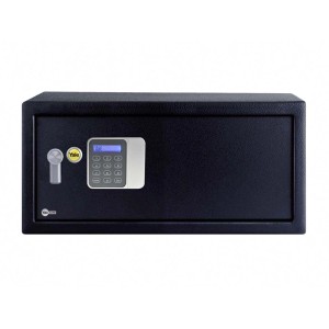 Czarny sejf gościnny Yale YYLG z klawiaturą cyfrową i kluczem awaryjnym.