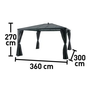 Antracytowa altana New Harmony, 300x360 cm, z panelami bocznymi i wymiarami.