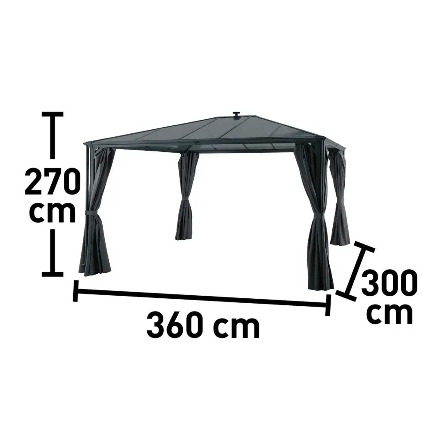 Antracytowa altana New Harmony, 300x360 cm, z panelami bocznymi i wymiarami.