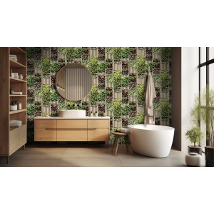 Łazienka z tapetą w roślinny wzór. Tapeta dekoracyjna dla naturalnej atmosfery.