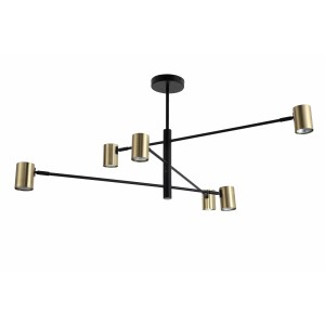 Nowoczesna czarna lampa wisząca ze złotymi kloszami.