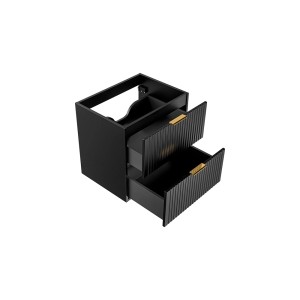 Czarna szafka pod umywalkę t.b.t z dwiema szufladami i złotymi uchwytami.