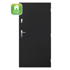 Czarne drzwi zewnętrzne ze srebrną klamką i znakiem ekologicznym.