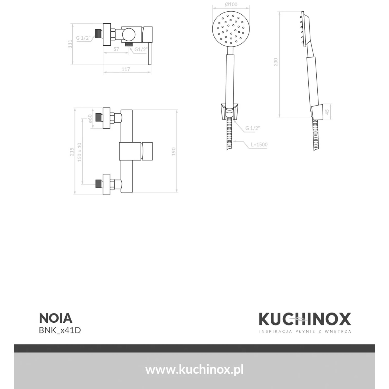 Kuchinox Bateria natryskowa ścienna z zestawu natryskowego Noia czarna_2