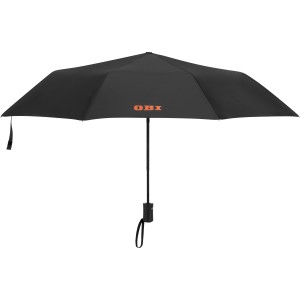 Otwarty, czarny półautomatyczny parasol OBI z logo, Ø 98 cm.