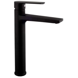 Czarna bateria umywalkowa t.b.t. do nowoczesnych łazienek.